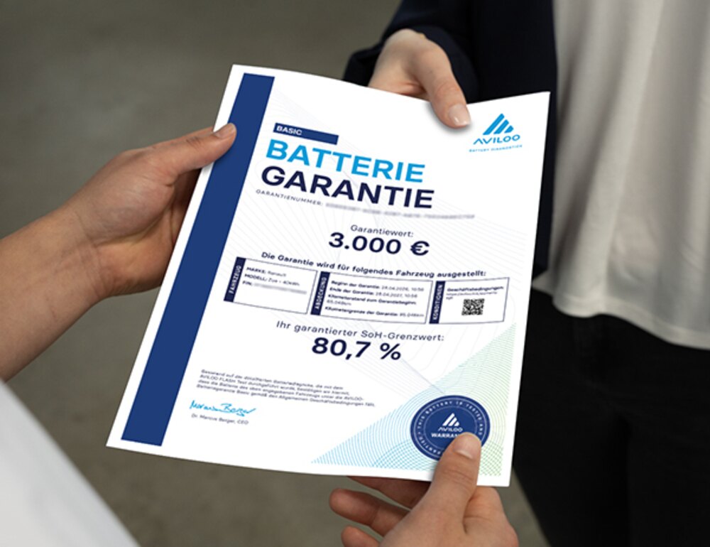 AVILOO Batterie-Garantie-Zertifikat mit 3.000 Euro Absicherung und State of Health